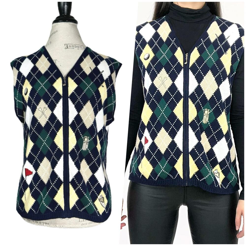 Fairway Outfitters | Women | Vintage Argyle Zip Knit Golf Sweater Vest | Sz L-XL